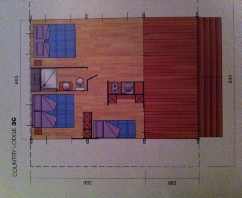 Floor plan of a safari tent with sanitary facilities at Camping Podere sei Poorte, Italy, viewed from above.