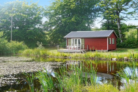 Rødt sommerhus ved en dam omgivet af grønne træer i det naturskønne Smedstorp, Sverige.