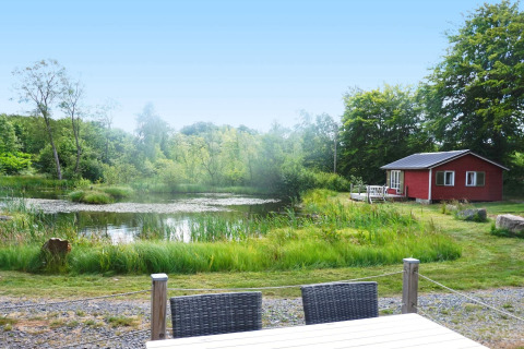 Scenic pond view with a red cabin, terrace and lush greenery at 4 person holiday home in SMEDSTORP.
