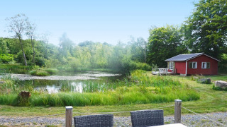 Idyllischer Blick auf einen Teich und ein rotes Ferienhaus für 4 Personen in SMEDSTORP, umgeben von Natur.