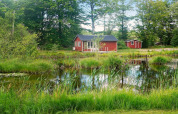 Maison rouge en bois près d'un étang bordé de verdure et d'arbres à Smedstorp, Suède, cadre paisible.