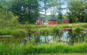 Casa vacanze rossa in legno presso uno stagno, immersa nel verde e alberi a Smedstorp, Svezia, ambiente tranquillo.