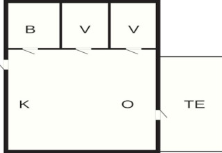 Plano de una casa de vacaciones para 4 personas en Smedstorp, Suecia, con habitaciones B, V, K, O y TE.