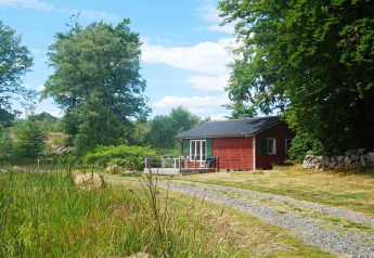 Gemütliches rotes Ferienhaus für 4 Personen in SMEDSTORP, Schweden, umgeben von grüner Natur.