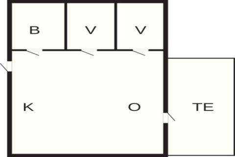 Plattegrond van 4-persoons vakantiehuis in Smedstorp, Zweden, met aangeduide kamers B, V, K, O, TE.