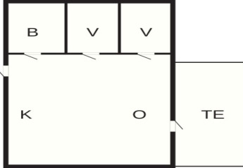 Grundriss eines 4-Personen-Ferienhauses in Smedstorp, Schweden, mit Zimmerkennzeichnungen B, V, K, O, TE.