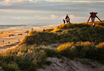 Families op duinen aan een strandlodge bij zonsondergang, met zicht op de zee, strand en enkele auto’s.