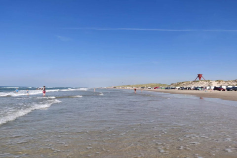 Ein sonniger Strand mit Menschen, geparkten Autos und Dünen im Hintergrund unter blauem Himmel.