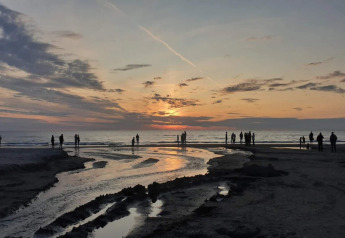 Sonnenuntergang am Strand von Blokhus, Dänemark, mit Menschen, die die Aussicht genießen.