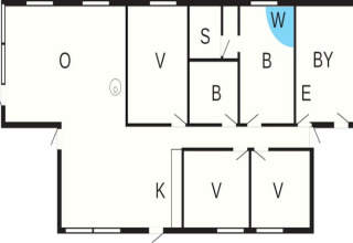 Plattegrond van een vakantiehuis voor 6 personen in Blokhus, Denemarken, met aanduiding van kamers en badkamer.