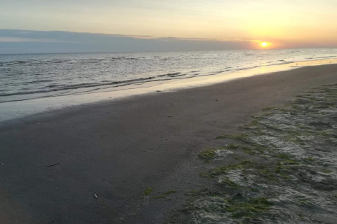 Tramonto sul mare presso un lodge, spiaggia tranquilla con onde leggere illuminate dalla luce della sera.