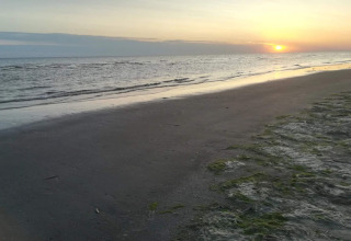 Tramonto sul mare presso un lodge, spiaggia tranquilla con onde leggere illuminate dalla luce della sera.