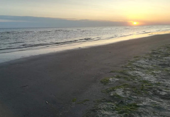 Sonnenuntergang am Meer bei einer Lodge, ruhiger Sandstrand und sanfte Wellen, friedliche Atmosphäre.