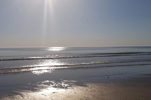 Sonnenlicht spiegelt sich auf dem ruhigen Meer am Strand, gesehen von einer Lodge unter blauem Himmel.