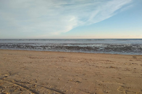 Foto eines ruhigen Strandes bei einer Lodge mit Sand und sanften Wellen unter blauem Himmel.