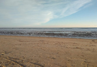 Foto eines ruhigen Strandes bei einer Lodge mit Sand und sanften Wellen unter blauem Himmel.