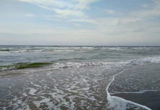Aussicht auf das Meer bei einer Lodge mit sanften Wellen, die an einem leicht bewölkten Tag ankommen.