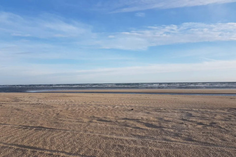 Ruhiger Sandstrand mit sanften Wellen und blauem Himmel, fotografiert nahe einer Lodge am Meer.