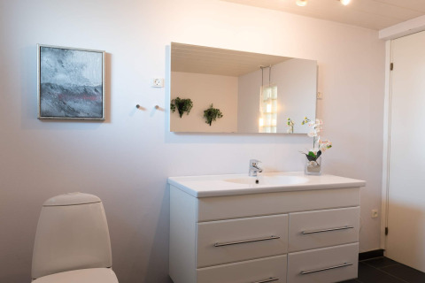 Modernes Bad im 'Seaside Charm in Rindby' in Dänemark mit Spiegel, Waschbecken, Bild und Pflanze.