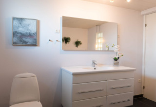 Modernes Bad im 'Seaside Charm in Rindby' in Dänemark mit Spiegel, Waschbecken, Bild und Pflanze.