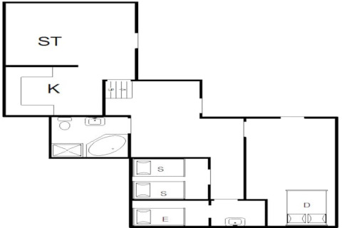 Grundriss der Unterkunft 'Seaside Charm in Rindby' in Dänemark mit markierten Zimmern und Ausstattung.