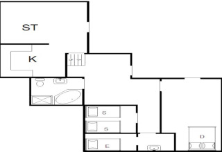 Grundriss der Unterkunft 'Seaside Charm in Rindby' in Dänemark mit markierten Zimmern und Ausstattung.