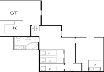 Grundriss der Unterkunft 'Seaside Charm in Rindby' in Dänemark mit markierten Zimmern und Ausstattung.