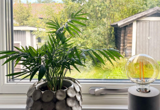Pianta verde in vaso e lampada moderna sul davanzale con vista su giardino e capanno a Gränna, Svezia.