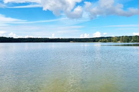 Vista tranquilla su un lago con alberi e nuvole all’orizzonte presso una casa vacanze a Gränna, Svezia.