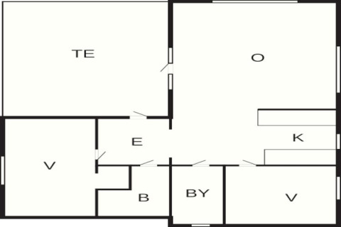 Plattegrond van een 6-persoons vakantiehuis in Gränna, Zweden, met kamers en faciliteiten aangeduid.
