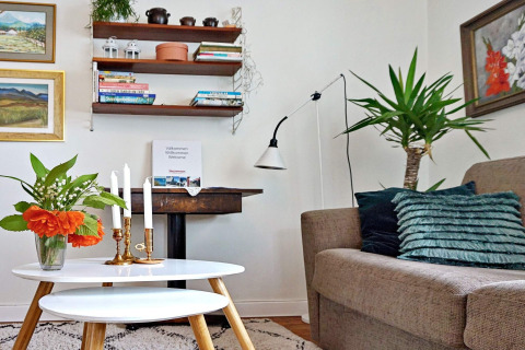 Soggiorno di una casa vacanze a Åkersberga, Svezia, con divano, piante, libri e decorazioni accoglienti.
