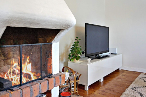 Living room with fireplace, flat-screen TV on a white cabinet, and plant in a holiday home in Åkersberga, Sweden.