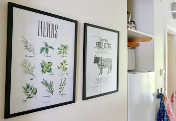 Zwei gerahmte Poster in einer Küche, eines mit Kräutern und eines mit Rindfleischstücken, an einer hellen Wand.