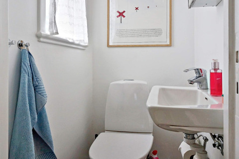 Compact bathroom with a toilet, sink, light blue towel, and framed artwork in Åkersberga holiday home.