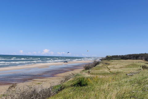 Strandblick vom Ferienhaus für 4 Personen in Bindslev, Dänemark, Dünen, Wellen und blauer Himmel.