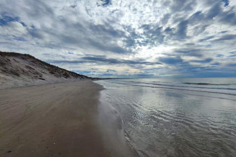 Strandansicht bei Bindslev, Dänemark mit sanften Wellen, breitem Sand und bewölktem Himmel.