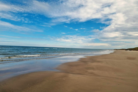 Billede af en fredelig strand med blå himmel og hav, taget fra en glamping indkvartering ved kysten.