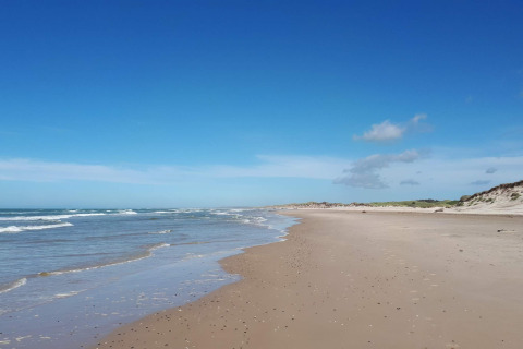 Foto eines ruhigen Sandstrands mit sanften Wellen und Dünen nahe einer Glamping-Unterkunft.