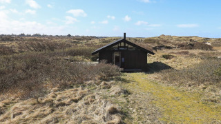 Vier-Personen-Ferienhaus in Bindslev, umgeben von Dünen und Pflanzen unter blauem Himmel.