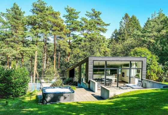 Modernes Ferienhaus für 8 Personen in Ebeltoft mit Whirlpool und Waldblick, umgeben von Bäumen.