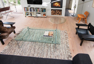 Modernes Wohnzimmer im 8-Personen-Ferienhaus in Ebeltoft, Dänemark mit Kamin und Glas-Couchtisch.