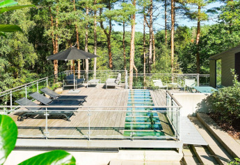 Zonnig terras met ligzetels, glazen vloer, parasol en uitzicht op het bos bij vakantiewoning Ebeltoft, Denemarken.