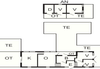 Plano de una casa de vacaciones para 8 personas en Ebeltoft, Dinamarca, con habitaciones y terrazas señaladas.