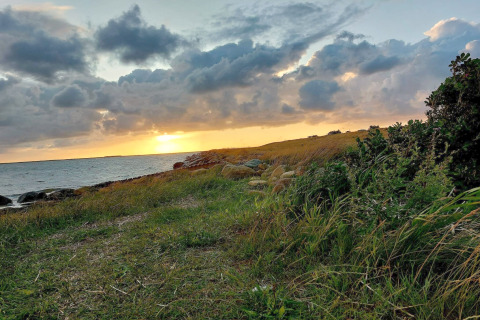 Coucher de soleil près d’un lodge avec herbe, rivage rocheux et grands nuages éclairés par la lumière dorée.