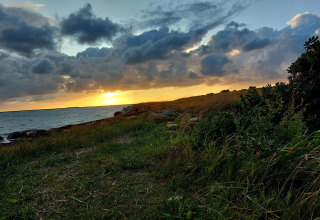 Tramonto presso un lodge, con costa erbosa, scogli e nuvole suggestive illuminate dalla luce dorata.
