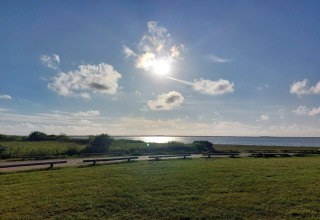 Zonnig uitzicht vanuit Secluded Harbor Cottage in Denemarken met grasveld, bankjes en blauwe lucht bij zee.