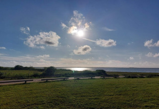 Zonnig uitzicht vanuit Secluded Harbor Cottage in Denemarken met grasveld, bankjes en blauwe lucht bij zee.