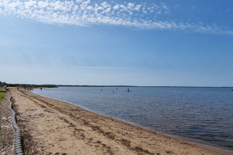 Zandstrand en rustig water bij Secluded Harbor Cottage, Denemarken, mensen paddleboarden in de zon.