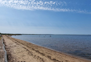 Zandstrand en rustig water bij Secluded Harbor Cottage, Denemarken, mensen paddleboarden in de zon.