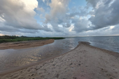Blick von einer Lodge auf einen Sandstrand mit Wasser, Schilf und dramatischem Wolkenhimmel.